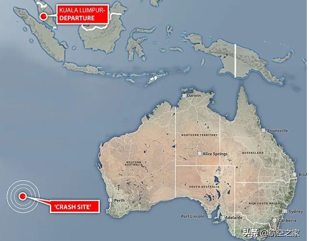 圖、具體方位距離西澳大利亞首府珀斯外海岸約2070公里，而墜機地點距離估算的坐標范圍100海里內(nèi)